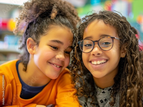 Two young girls with curly hair smile at the camera.