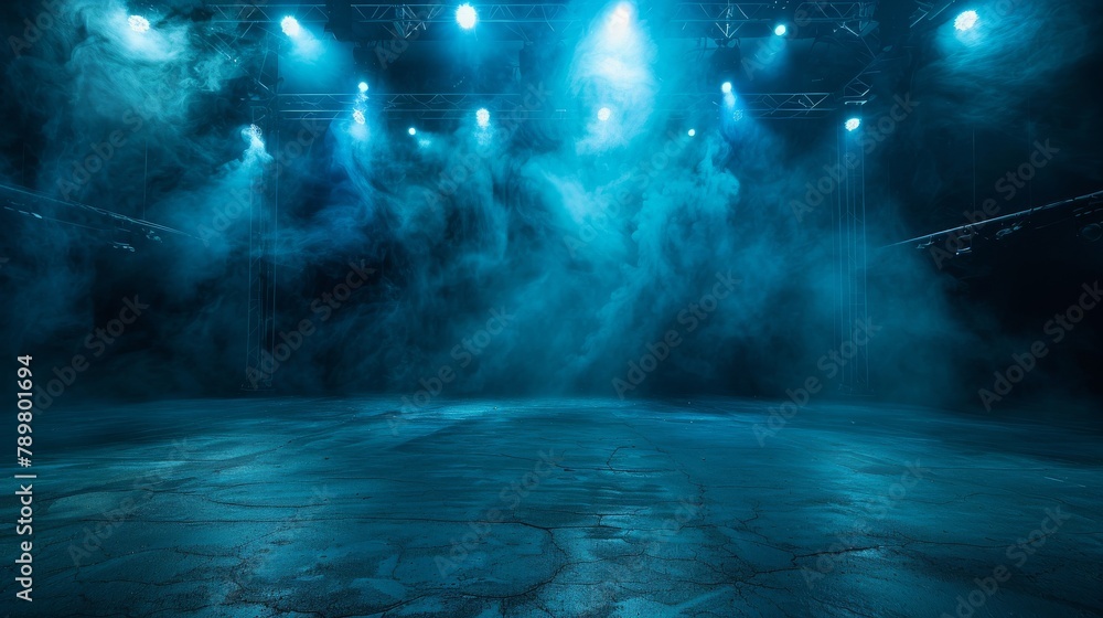 An empty theater stage with blue lights and smoke