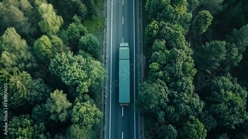 An aerial shot of a truck driving through a lush green forest.