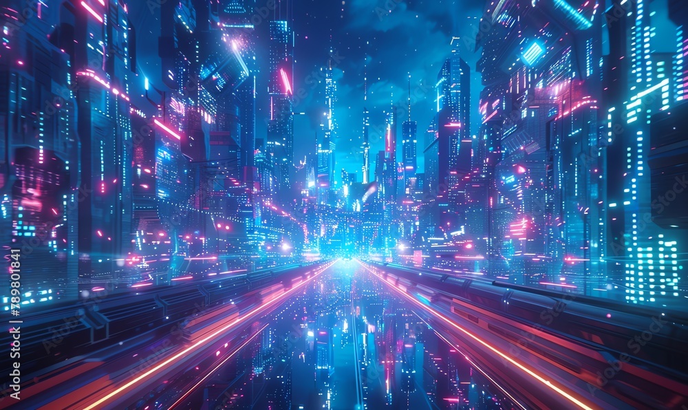 Illustrate a mesmerizing futuristic cityscape in a wide-angle view with neon accents and pixel art style, showcasing the integration of geospatial technology for a sci-fi aesthetic