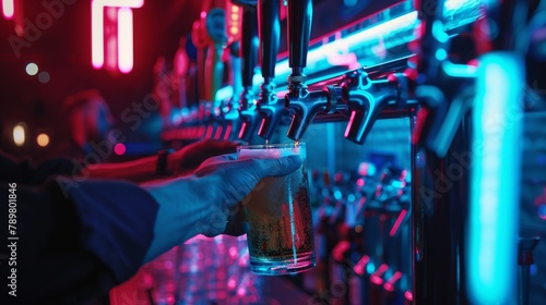 bartender pouring a draft beer with neon lights in the background photo