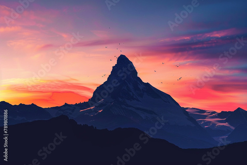 A silhouette of a mountain peak against a colorful sunrise, inspiring adventure.