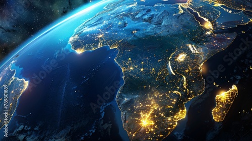 Blue and black image of the Earth at night, showing the African continent.