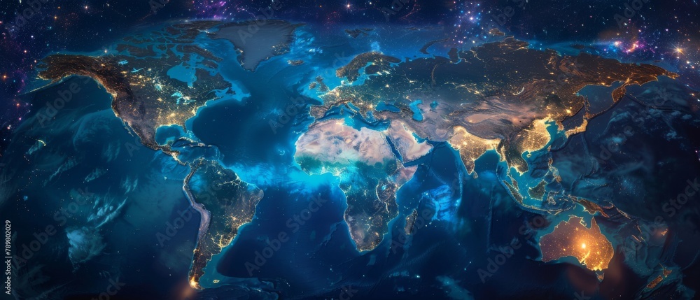 Blue and gold world map with glowing city lights from space.
