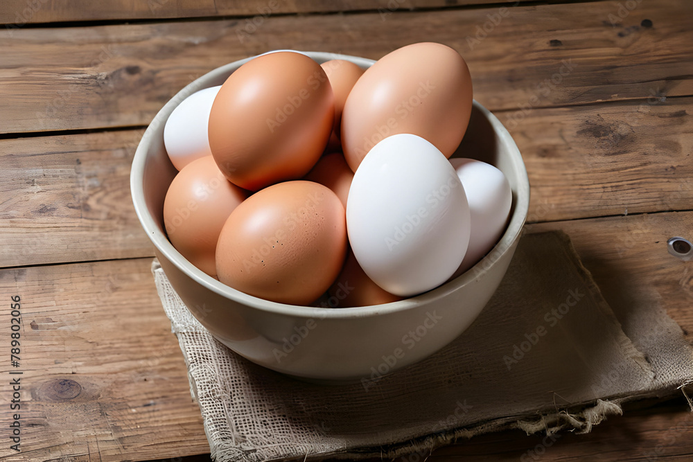 Fresh eggs in a bowl on a wooden table Fresh eggs in a bowl on a wooden table