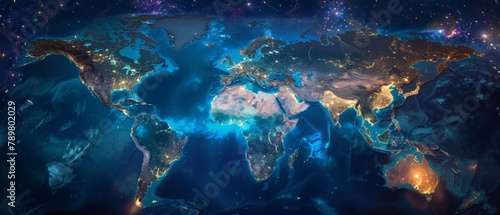 Blue and gold world map with glowing city lights from space.