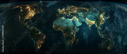Blue and green glowing night lights of the Earth from space showing major cities and landmasses.