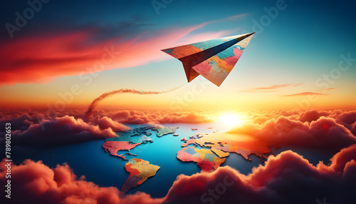 The concept of opportunity comes at all times, a giant paper airplane made of a world map soaring across a vivid sunset sky.