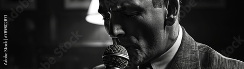 A black and white photo of a man singing into a microphone.