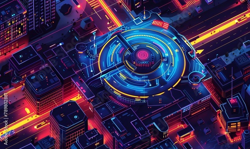 Illustrate a vibrant, futuristic birds-eye view scene of a wireless charging pad integrated seamlessly into a bustling urban landscape, utilizing a pixel art style to convey a blend of technology and photo