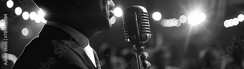 A black and white photo of a man singing into a vintage microphone. photo