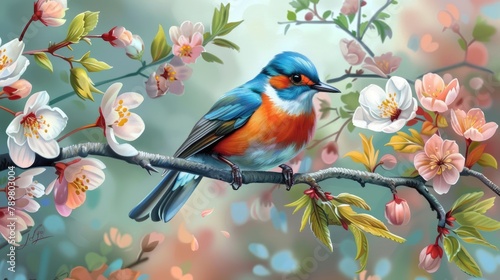 Beautiful bird on flowering branch.