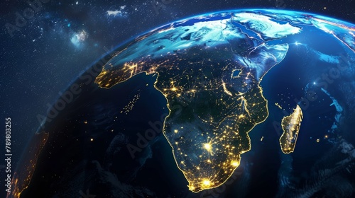 Blue and white image of the Earth at night, showing the African continent.