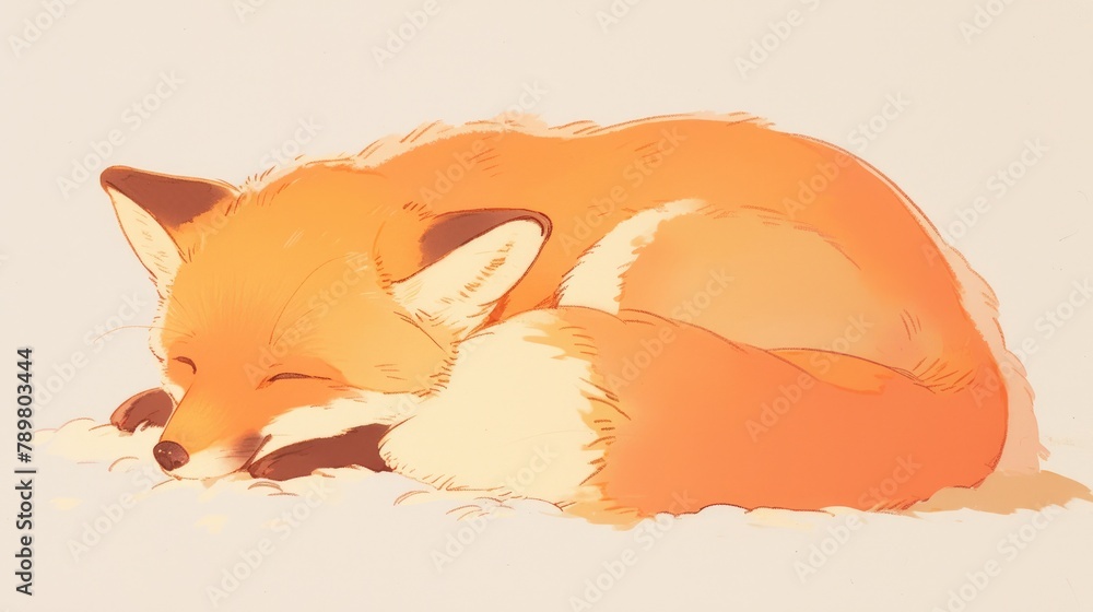 Fototapeta premium A content fox peacefully slumbers against a serene white backdrop