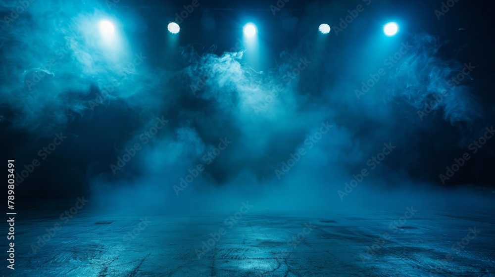 Blue spotlights illuminate an empty stage covered in fog.