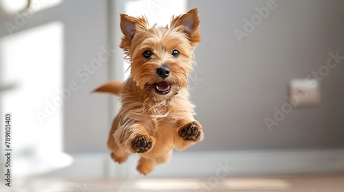 Energetic Norfolk Terrier in Mid-Leap, Clear Background. Concept Dog Photography, Action Shots, Clear Background, Norfolk Terrier, Energetic Poses photo
