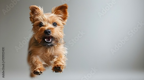 Energetic Norfolk Terrier in Mid-Jump, Neutral Backdrop. Concept Dog Photography, Action Shots, Pet Portraits, High-Energy Pets, Minimalistic Backgrounds