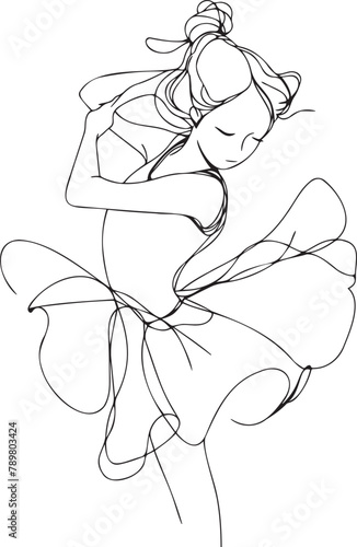 Single-line drawing of a graceful ballerina with a bun, dancing in a flowing dress, Concept of elegance and simplicity in art