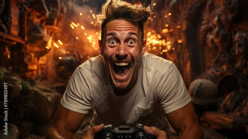 Excited young man playing video games with a joystick in his hand.