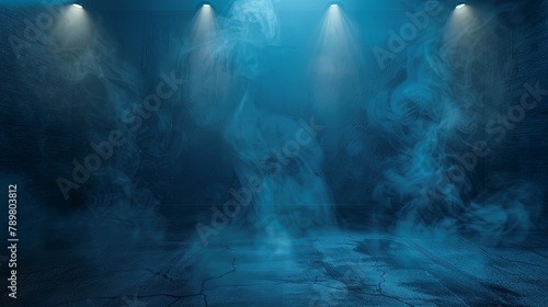 cinematic blue smoke filled room with 3 spotlights photo