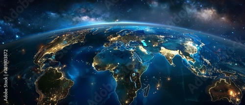 City lights of the Earth from space showing the curvature of the planet. photo