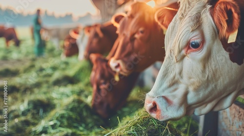 Cows eating hay in a barn with a farmer in the background