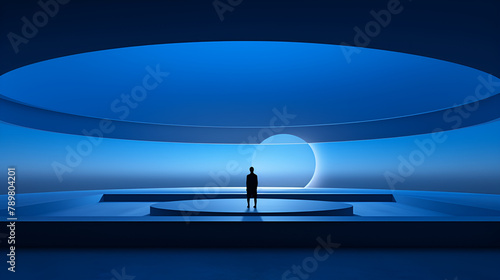 Generate an illustration, that integrates the architectural Blue color matching, forms of the Bauhaus , A huge statue with the light and space of, James Turrell, 16K