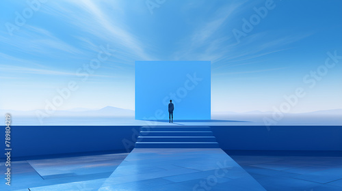 Generate an illustration, that integrates the architectural Blue color matching, forms of the Bauhaus , A huge statue with the light and space of, James Turrell, 16K
