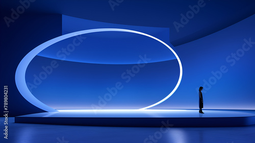 Generate an illustration, that integrates the architectural Blue color matching, forms of the Bauhaus , A huge statue with the light and space of, James Turrell, 16K