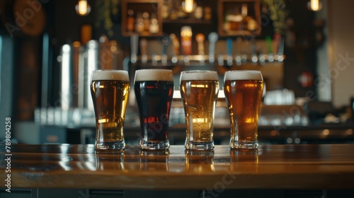 Four glasses of draft beer sit on a wooden bar in front of a blurred background of a bar.