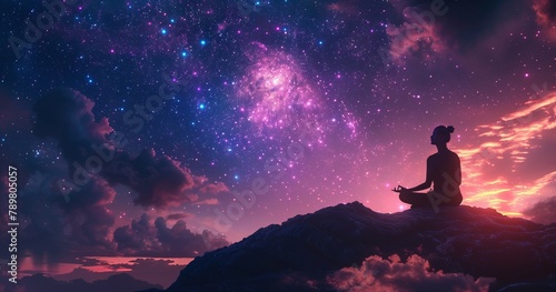 A silhouette of an adult meditating on the top  against the background of beautiful cosmic sky with stars and galaxies. Space for text or logo. The concept is yoga and meditation in nature.