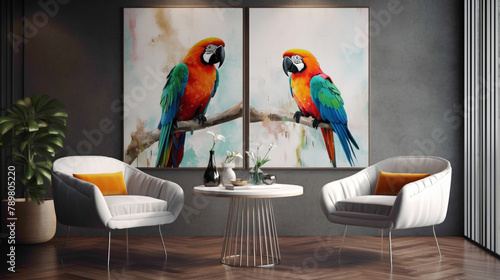 Immerse yourself in the harmonious ambiance of Nordic decor with two chrs, a central table, and an empty canvas agnst a backdrop of pristine white. Colorful parrots grace the scene, photo