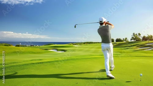 Man teeing off on a golf course with the ocean in the background