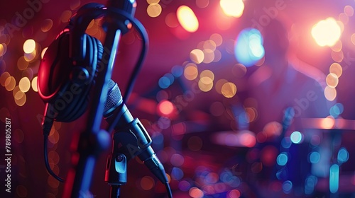 microphone and headphones on stage with colorful blurred lights in the background photo