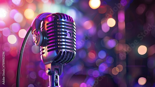 microphone with headphones on a stage with colorful lights photo