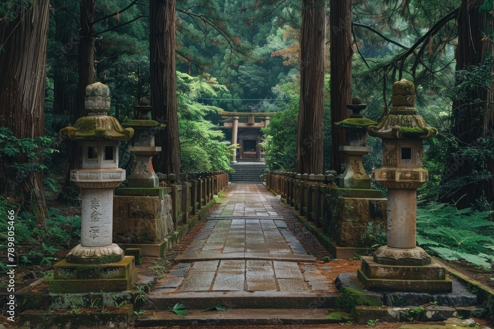 A peaceful forest path lined with towering cedar trees, leading to a hidden shrine where visitors can seek spiritual guidance.