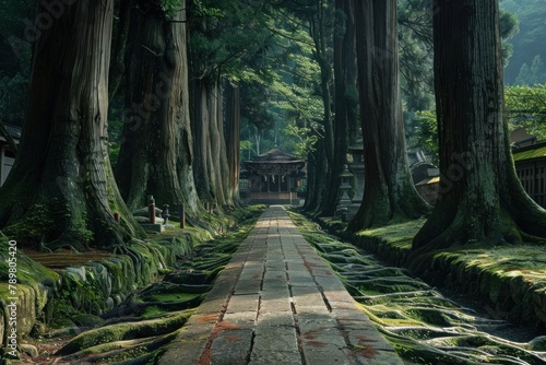 Ancient cedar trees lining the path to a Shinto shrine, their moss-covered roots adding a sense of age and wisdom to the sacred site.
