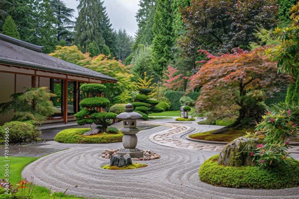 A tranquil Japanese garden with meticulously raked gravel patterns, stone lanterns, and lush bonsai trees, inviting visitors to find inner peace.