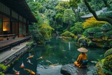 A traditional Japanese tea ceremony taking place in a peaceful garden adorned with vibrant greenery and colorful koi ponds.