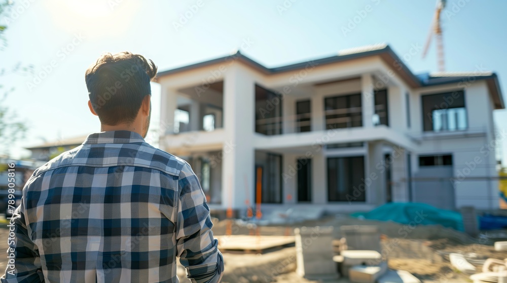 Homebuyer Examining Modern New Construction Home in Florida, Clear Sky - Real Estate Decision, Property Investment, Luxury Living - Construction Industry. Homebuyer Examining Modern New Construction Home in Florida, Clear Sky - Real Estate Decision, Property Investment, Luxury Living - Construction Industry.