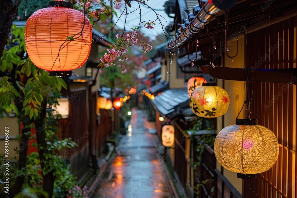 Lantern-lit streets of Kyoto's Gion district, where geisha gracefully glide through historic alleyways, preserving Japan's traditional arts.