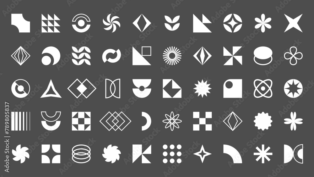 Abstract geometric shapes collection. Vector set of different brutal minimalistic white design elements isolated on grey background. Contemporary aesthetic basic Y2K figures