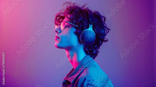 Portrait of a young man with curly hair listening to music with headphones.