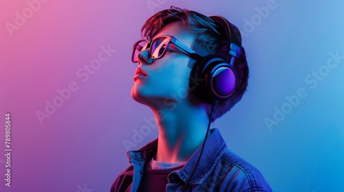 Portrait of a young man with glasses and headphones listening to music against a blue and purple background. © Sittipol 