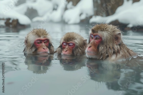 Snow monkeys soaking in natural hot springs surrounded by snow-capped mountains, a scene of relaxation and harmony with nature. © TheNoteTravel