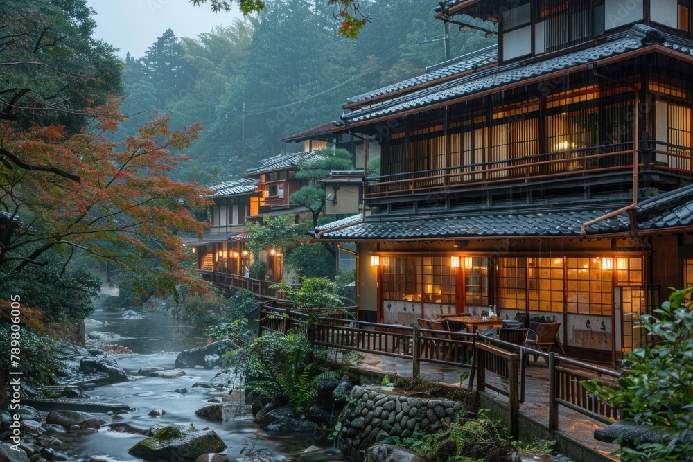 Traditional Japanese ryokan nestled in the mountains, offering a peaceful retreat with hot springs, tatami rooms, and kaiseki cuisine.