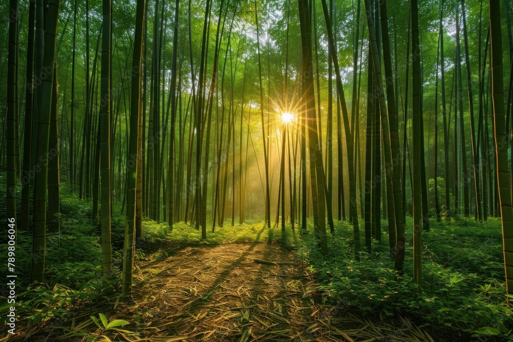Fototapeta premium Tranquil bamboo forests with sunlight streaming through the tall stalks, casting intricate shadows on the ground.