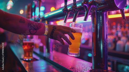 Pouring a glass of beer at a bar photo