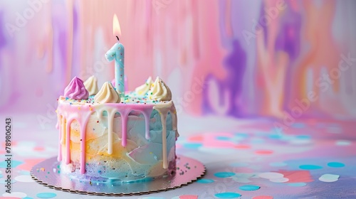 Colorful first-year birthday cake celebration on isolated pastel background photo