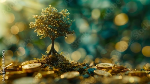 The image shows a golden tree growing out of a pile of coins, with a green background.